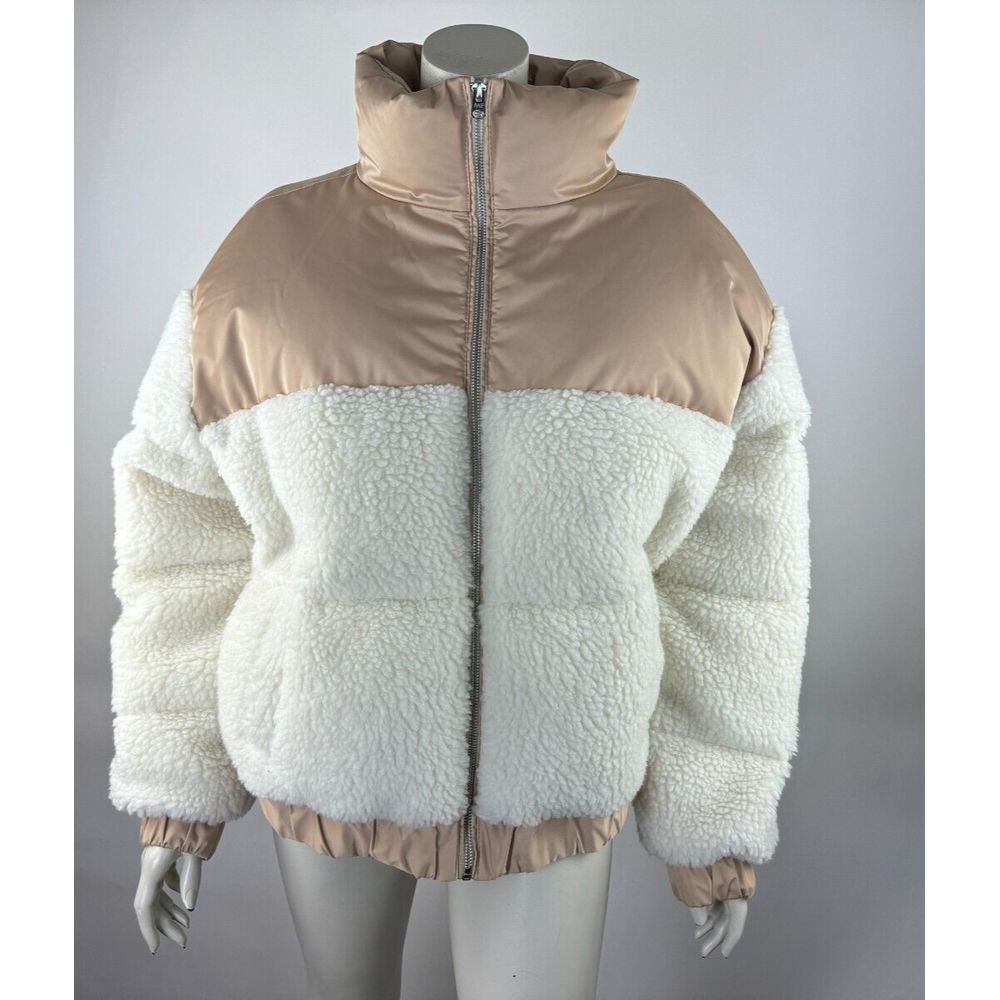 Abercrombie Fitch Ultra Mini Puffer Jacket Women XL NWT Sherpa Full Zip Beige